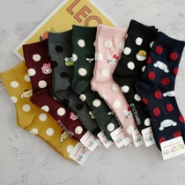 New Products Korea East Gate Water Jade Round Point Socks Solid Round Dot Imported Cartoon Midbarrel Socks Cartoon Pure Cotton Female Socks