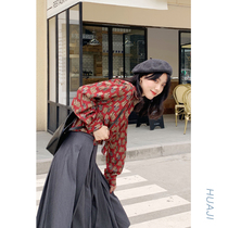 Flower Ji red print shirt women 2021 new long sleeve ins shirt spring autumn retro port flavor top spring A225