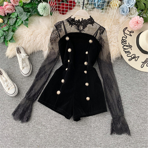 Early autumn suit lace embroidery velvet double breasted shorts two piece set