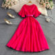Light luxury, high-end temperament, super fairy embroidery, V-neck, lotus leaf, waist and thin a-line dress, elegant and large-swing long skirt Light luxury, high-end temperament, super fairy embroidery, V-neck, lotus leaf, waist and thin a-line dress, elegant and large-swing long skirt
