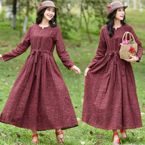 2021 Spring and Autumn New Literary V-Collar Loose Slim Dress Vintage Ethnic Printed Cotton and Sheath Dress