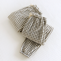 Simple small plaid flannel couple closed trousers autumn and winter thickened warm coral fleece home pajamas for men and women