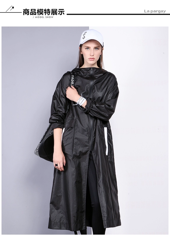 Lapargay Napajia mùa thu mới của phụ nữ màu đen và trắng áo gió có mũ trùm đầu dài tay xu hướng áo khoác bình thường - Trench Coat