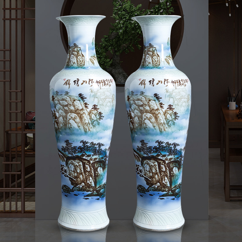 Hand - made ground landscape big vase of blue and white porcelain of jingdezhen ceramics home sitting room decoration to the hotel opening furnishing articles