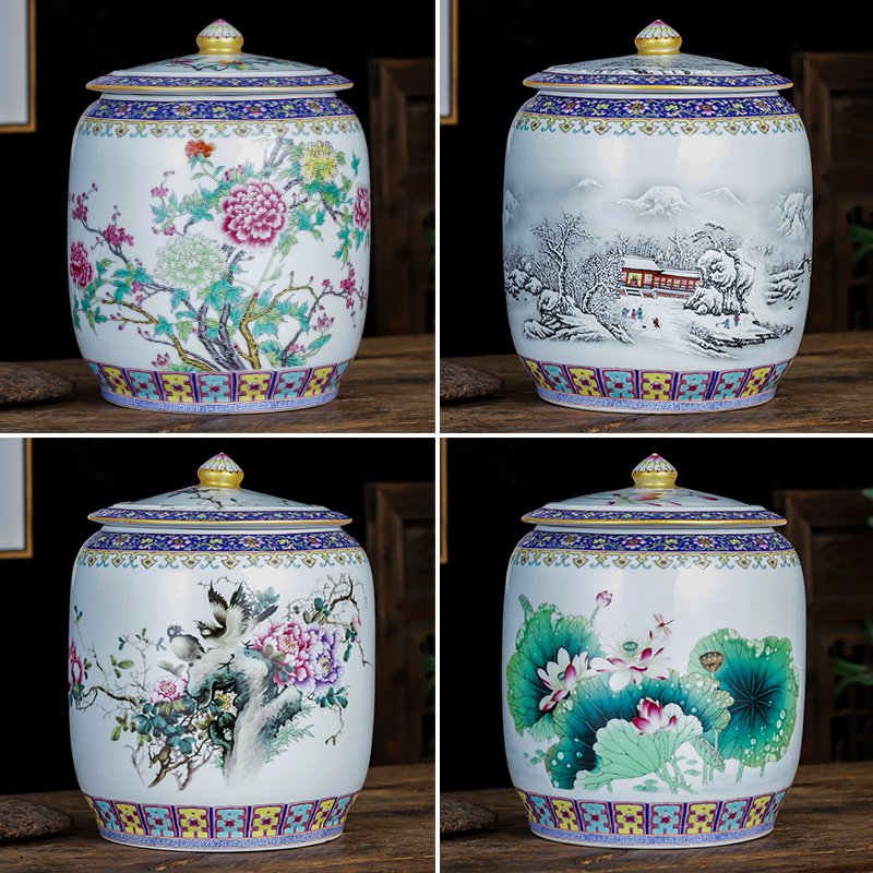 Jingdezhen porcelain ceramic powder enamel caddy fixings large loading seal pot home 10 5 jins of puer tea cake storage tanks