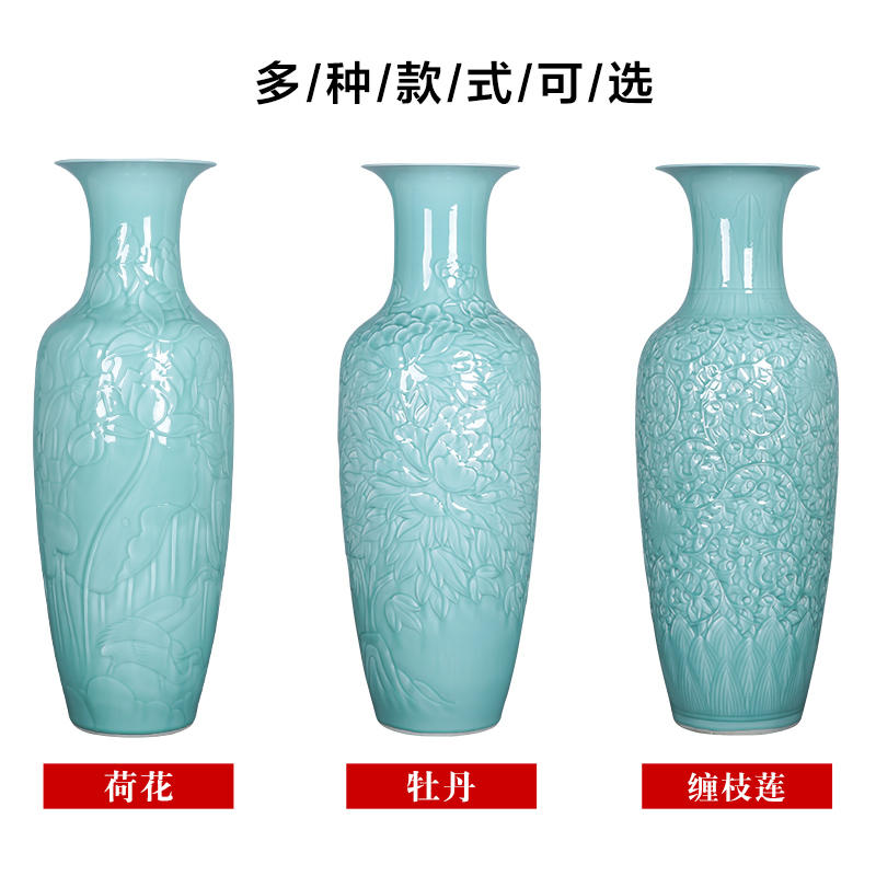 Jingdezhen ceramics craft reliefs green glaze of large vases, large Chinese style living room home furnishing articles