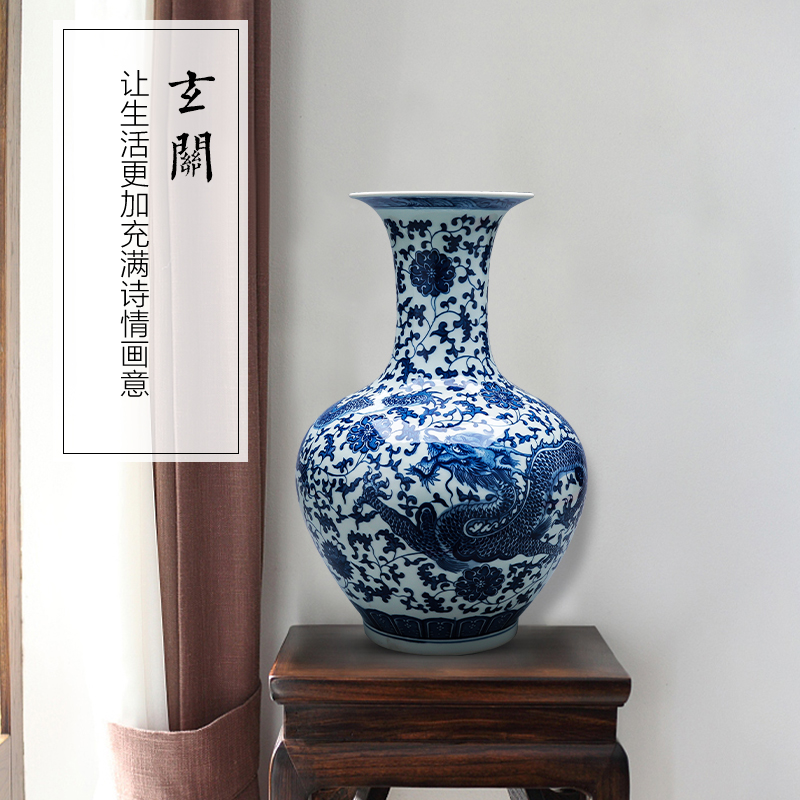 Jingdezhen ceramics hand - made ground vase of blue and white porcelain glaze color is placed under the new Chinese style household living room decoration