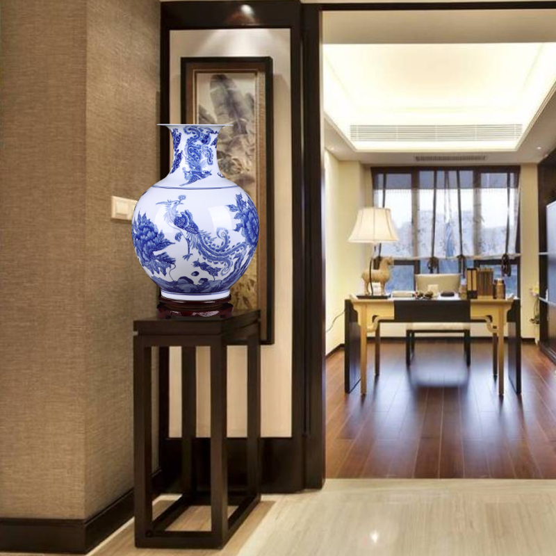 Jingdezhen ceramics hand - made of blue and white porcelain vase phoenix peony Chinese style household desktop sitting room adornment is placed