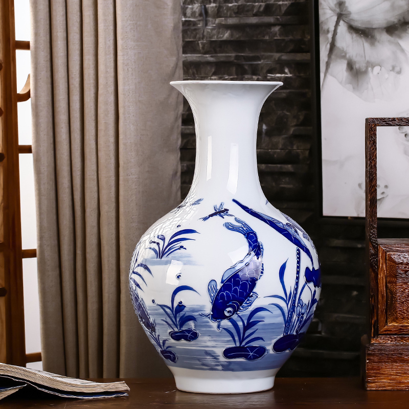 Jingdezhen ceramics hand - made household adornment blue and white porcelain vase carving handicraft sitting room ark, furnishing articles