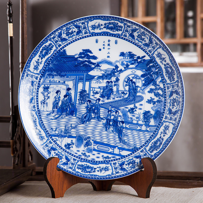 Jingdezhen ceramics furnishing articles home decorations hanging dish handicraft wine blue - and - white twelve gold hair pin decorative plate