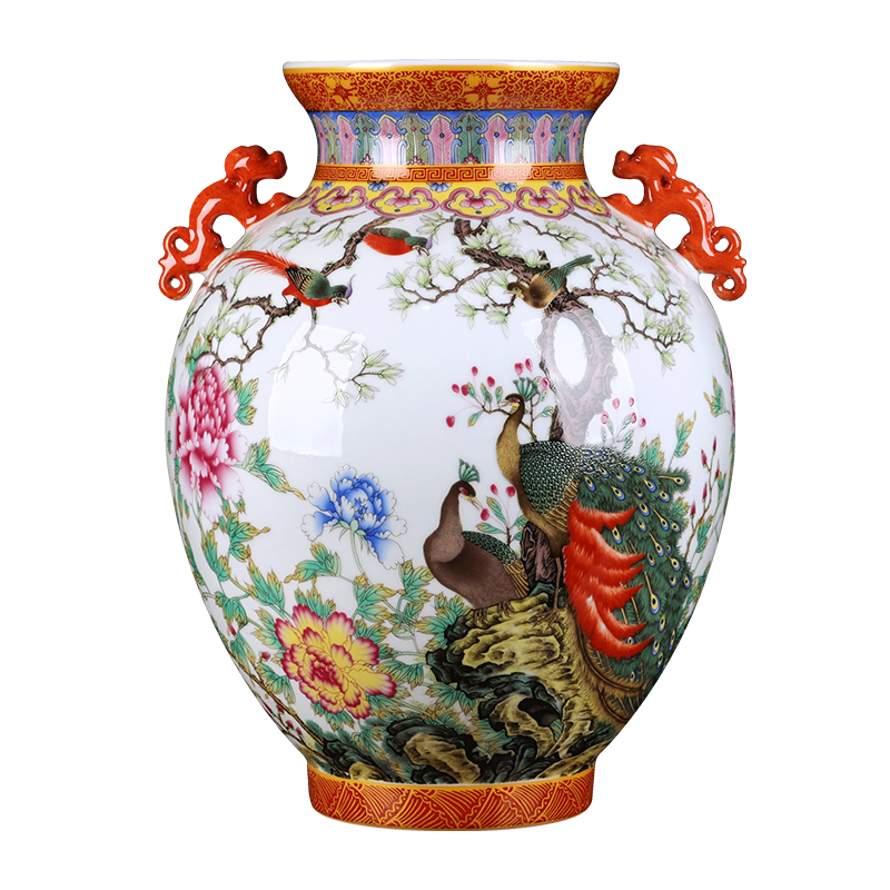 Jingdezhen ceramics ears colored enamel vase furnishing articles antique bottles of Chinese style living room TV cabinet decoration by the peacock