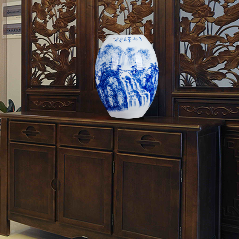 Blue and white ceramics jingdezhen large hand - made vases, flower arrangement sitting room porch decoration of Chinese style household furnishing articles