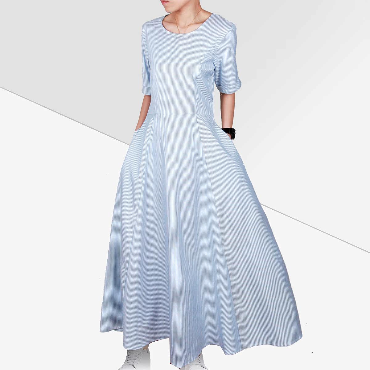 上身特别好看的 竖条纹真丝连衣裙 夏季新款文