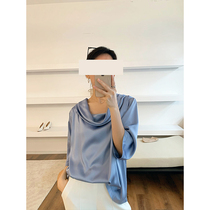 RAREST independent design fresh haze blue casual fashion silky acetate oblique shoulder one-shoulder pullover overcoat