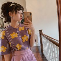 Plum ripe literary retro small fresh small flower short-sleeved knitted short-section top womens spring and summer new base t-shirt