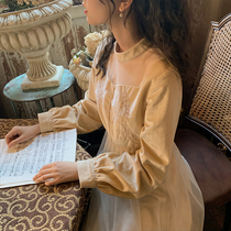 Plum ripe literary retro mesh stitching velvet long-sleeved skirt medium-length dress womens spring and autumn French new