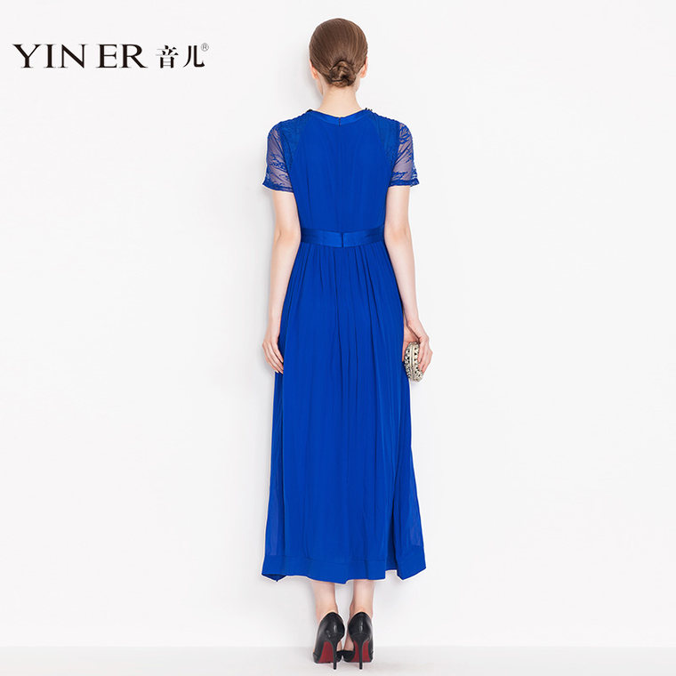 YINER音儿 专柜2015夏装新款宝蓝钉珠长款真丝礼服连衣裙85605882