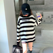 Sweater girls medium and long striped sweater Little girl cotton thread elastic spring and autumn baby high round neck bottoming shirt