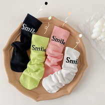 Childrens socks Korean foreign style outer wear smiley letters girls spring and autumn pure cotton mid-tube sports socks Korean cotton socks