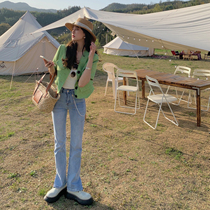 Summer home light blue chain decoration high waist thin straight split jeans children 2021 spring new