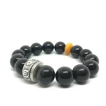 Hong Kong Amberman six-character motto obsidian foot Silver Lotus Bracelet