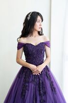 Purple wedding dress 2021 new Korean version of the word shoulder dinner dress bride stage performance tail tutu