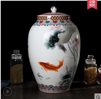 Jingdezhen ceramic barrel ricer box 30 to 50 kg pack household moistureproof cylinder cylinder tank storage jar of pickles with cover