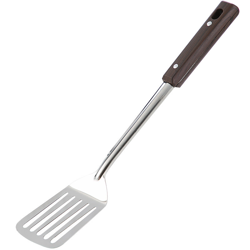 anti scalding handle, wood grain stainless steel spatula, leaky spoon, soup spoon, domestic kitchen, long handle, kitchen utensil, spoon, cooking spatula