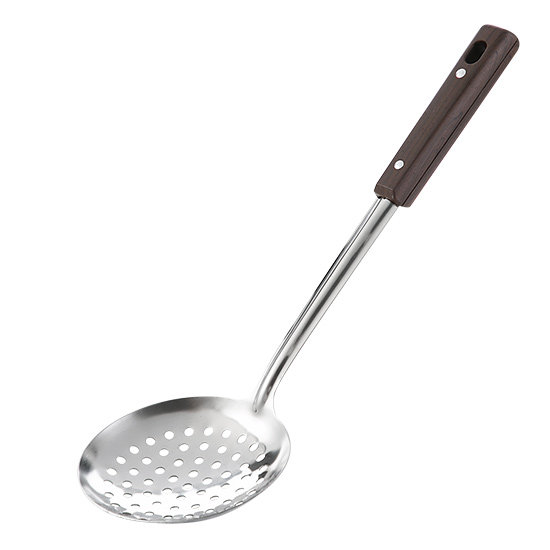 anti scalding handle, wood grain stainless steel spatula, leaky spoon, soup spoon, domestic kitchen, long handle, kitchen utensil, spoon, cooking spatula