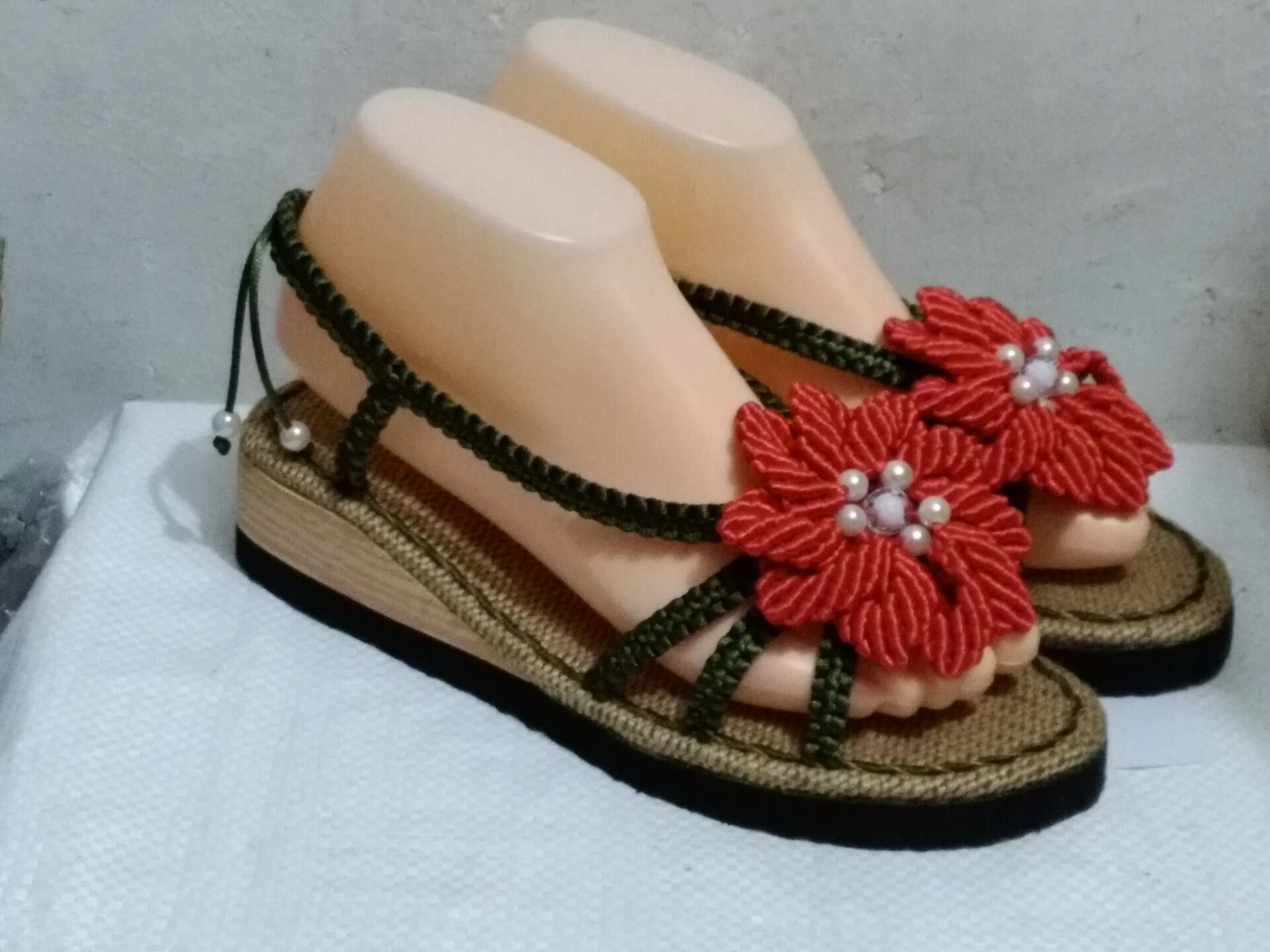 女士凉鞋35号 一品红 花儿朵朵 中国结编织凉拖鞋 纯手工 材料包