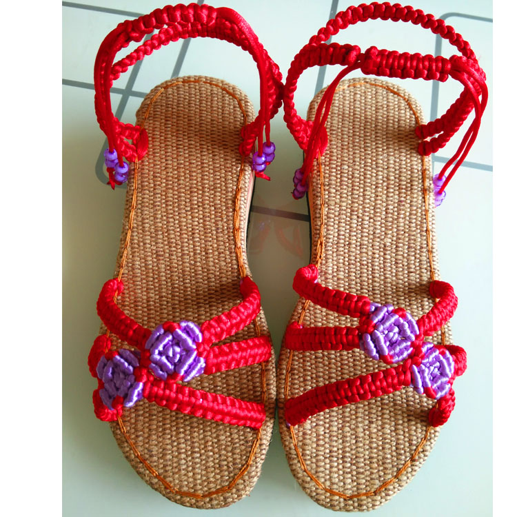 女凉鞋3号两朵小花 纯手工中国结线编织拖鞋儿童凉鞋 中国风 传统