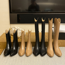 2021 New pointed western cowboy boots female retro mid-tube v-mouth long boots no knee long tube Knight boots high tube