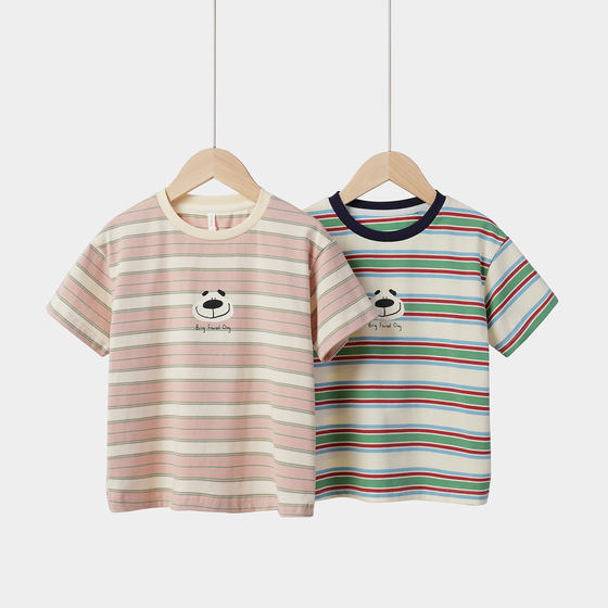 Children's pure cotton striped T-shirt, boys and girls' contrasting color round neck printed short sleeves, medium and large children, summer style, children's clothing
Children's pure cotton striped T-shirt, boys and girls' contrasting color round neck printed short sleeves, medium and large children, summer style, children's clothing