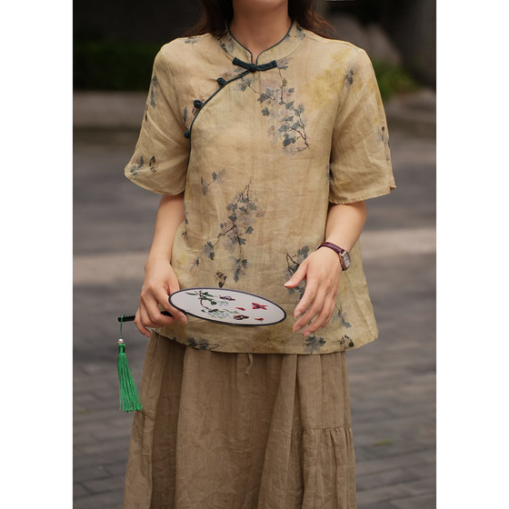 Chinese style, washing ramie, women's retro slanted placket, t-shirt, light mint leaf sleeves, short sleeves, loose top, summer style
Chinese style, washing ramie, women's retro slanted placket, t-shirt, light mint leaf sleeves, short sleeves, loose top, summer style