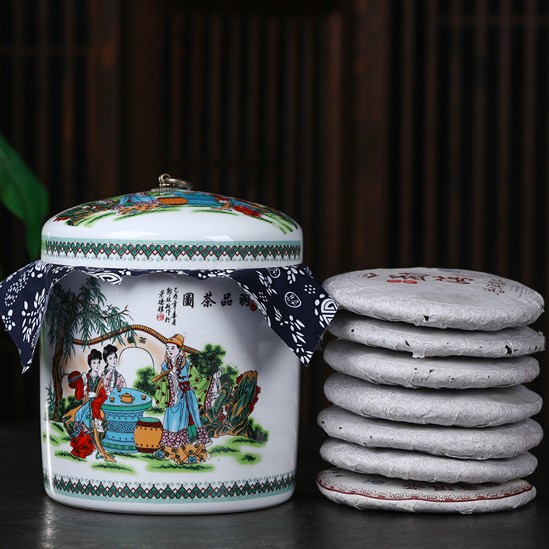 Jingdezhen ceramic large pu 'er tea pot of tea urn storage tank receives household household seal storage tanks tea cake