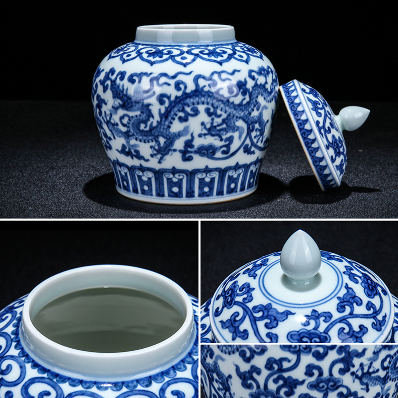 Jingdezhen ceramic modern blue and white dragon day word can of household contracted and maintain the sitting room tea table decoration furnishing articles