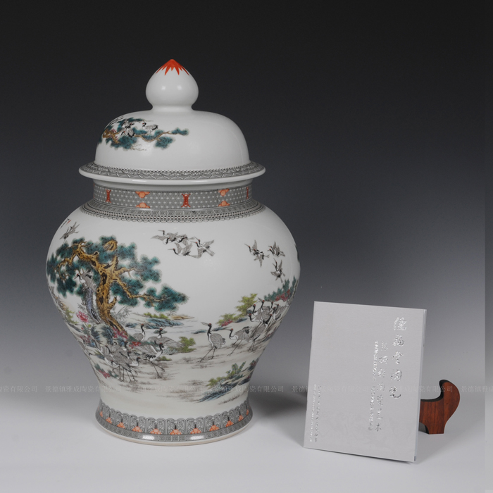 Jingdezhen ceramic caddy fixings hand - made porcelain enamel best crane, the general pot of new Chinese style sitting room adornment is placed