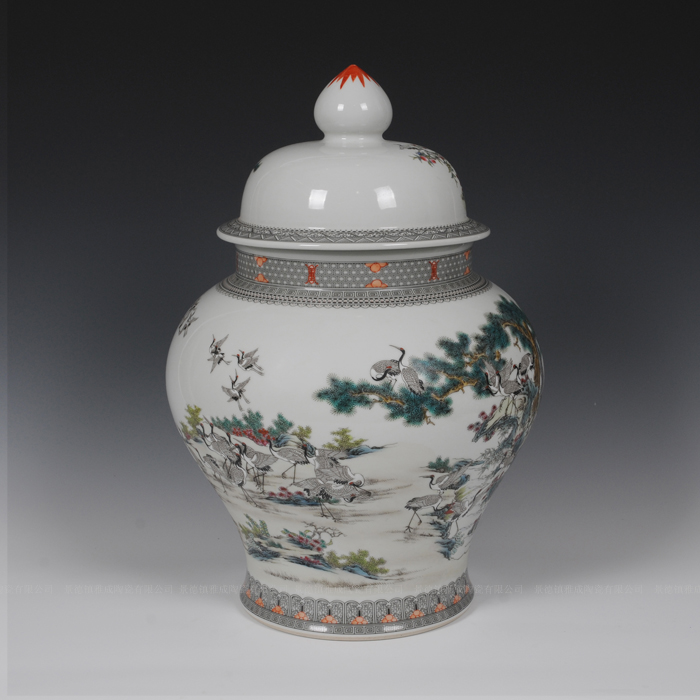 Jingdezhen ceramic caddy fixings hand - made porcelain enamel best crane, the general pot of new Chinese style sitting room adornment is placed