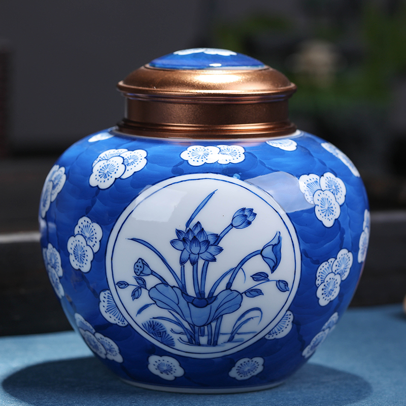 Jingdezhen blue and white hand - made ceramic lotus packing gift box sealing puer tea general 2 two household savings
