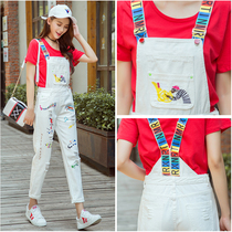 2019 spring Zhao Liying with black and white hole star loose denim bib female student summer suit tide