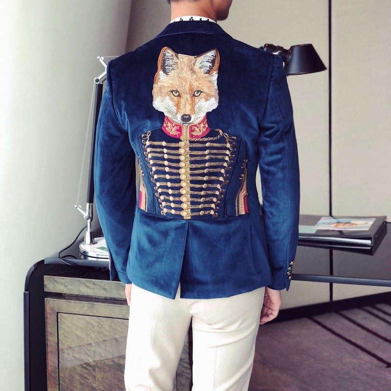 2018新款重工刺绣狐狸公爵金丝绒西装外套男士蓝色修身丝绒小西装