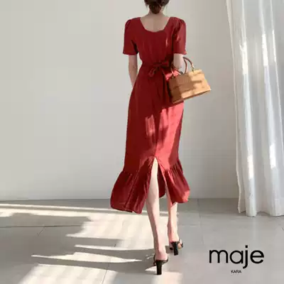 MAJE KARA solid color large size 2021 summer New Red fashion waist knee sexy fishtail dress women