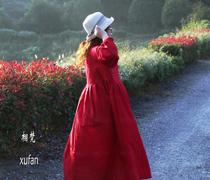 (U Fan)Original dress plus cotton and linen womens loose white and red base skirt Long dress thin fairy sister