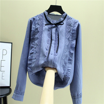 2021 spring and autumn new Korean version of the stand-up collar beautiful long-sleeved bottoming shirt womens top very fairy lace shirt