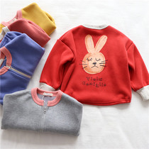 Girls sweater plus velvet padded cardigan zipper jacket autumn and winter New Foreign style childrens baby one velvet jacket