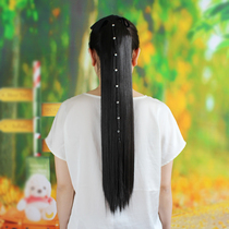 Hair drill long straight hair ponytail wig Lady strap realistic fake ponytail straight hair ponytail wig