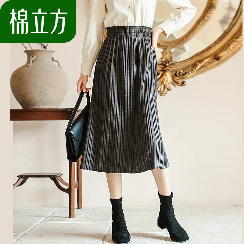 半身裙秋冬女2019网红半身裙a字港味复古百搭毛呢中长款百褶裙子