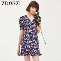 Zhuo colorful French V collar slim floral dress women 2021 autumn new bubble sleeve lace waist skirt