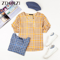 Chopo vintage V-neck Plaid ladies shirt 2021 summer New Lantern sleeve loose slim casual top