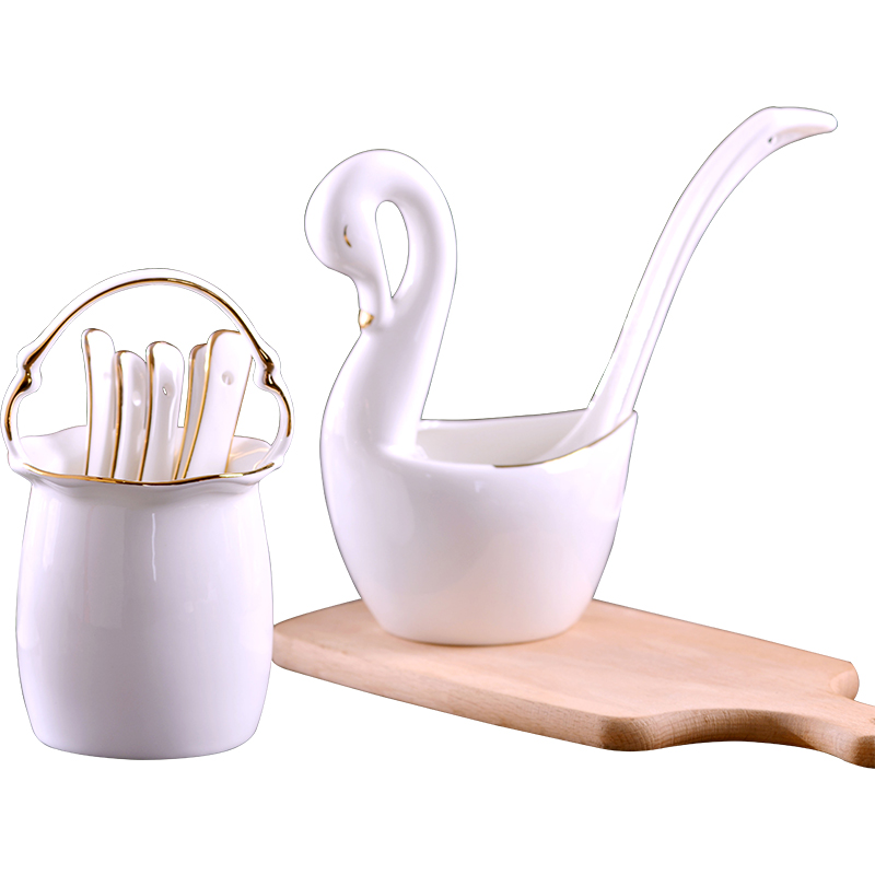 Jingdezhen ceramics craft gold 】 【 creative ipads porcelain tableware cage swan tablespoons of flower basket put small spoon